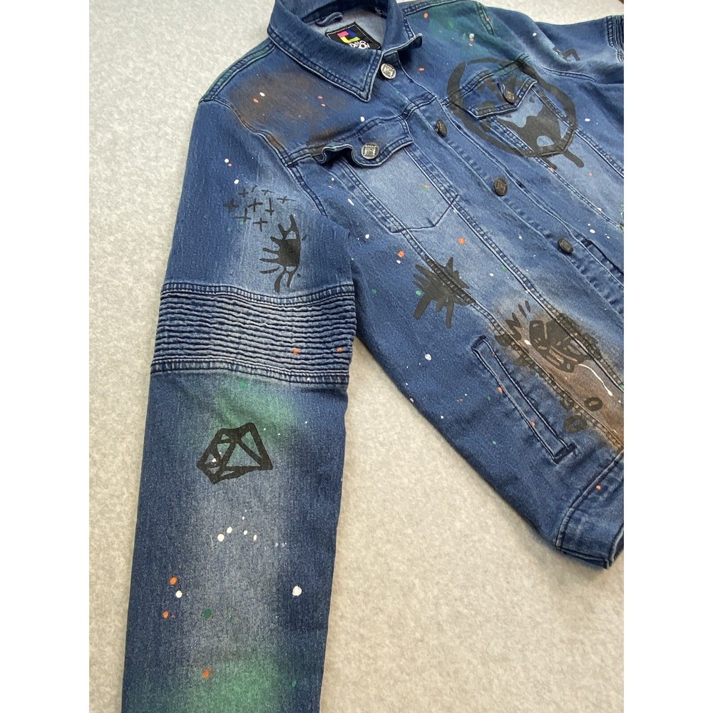 Demo Lition Jacket Mens XL Blue Denim Graffiti Biker NO CAP HUSTLE Art Street - Picture 3 of 16